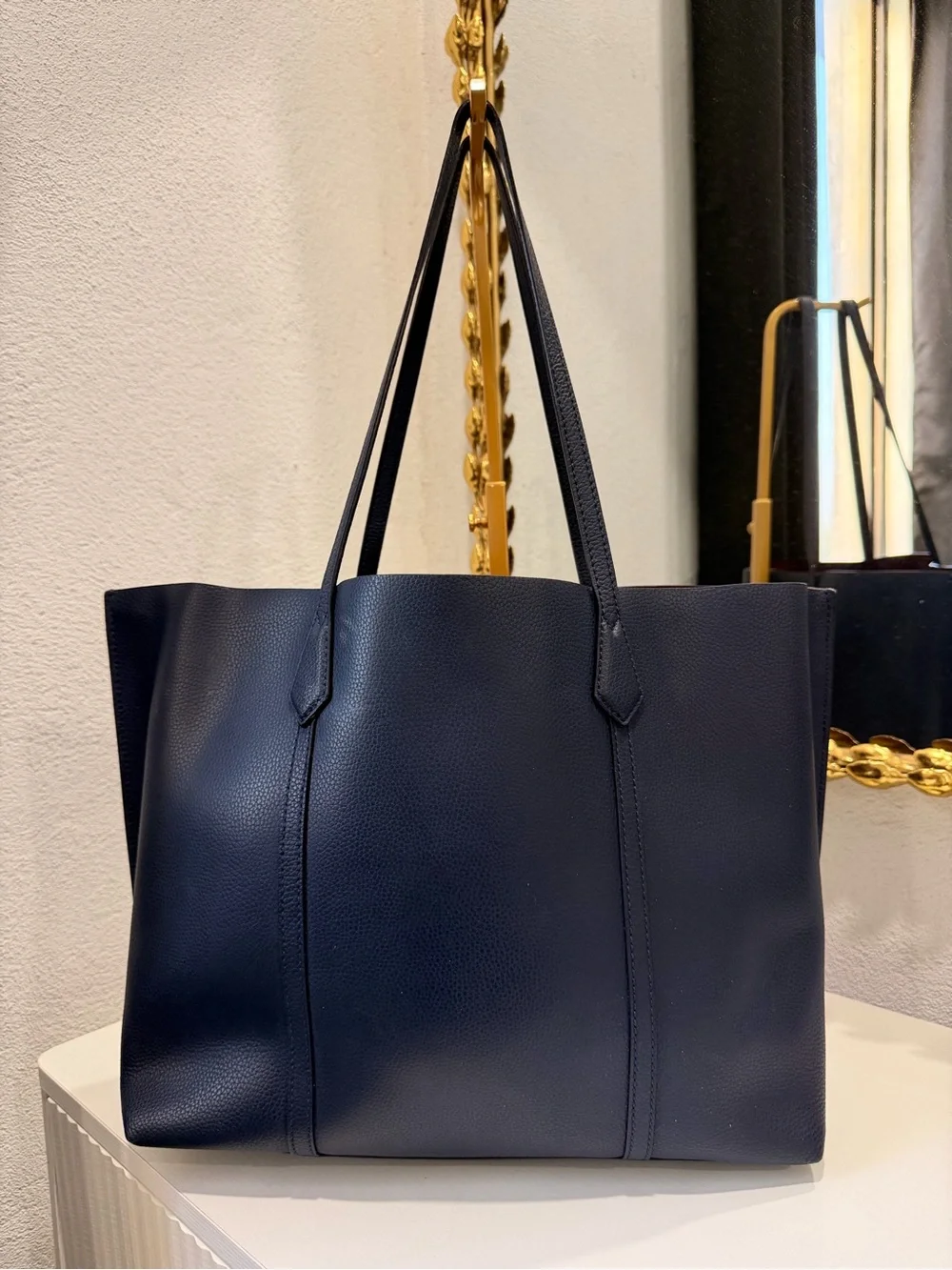 Tory Burch Navy Leather Tote with Yellow Tag